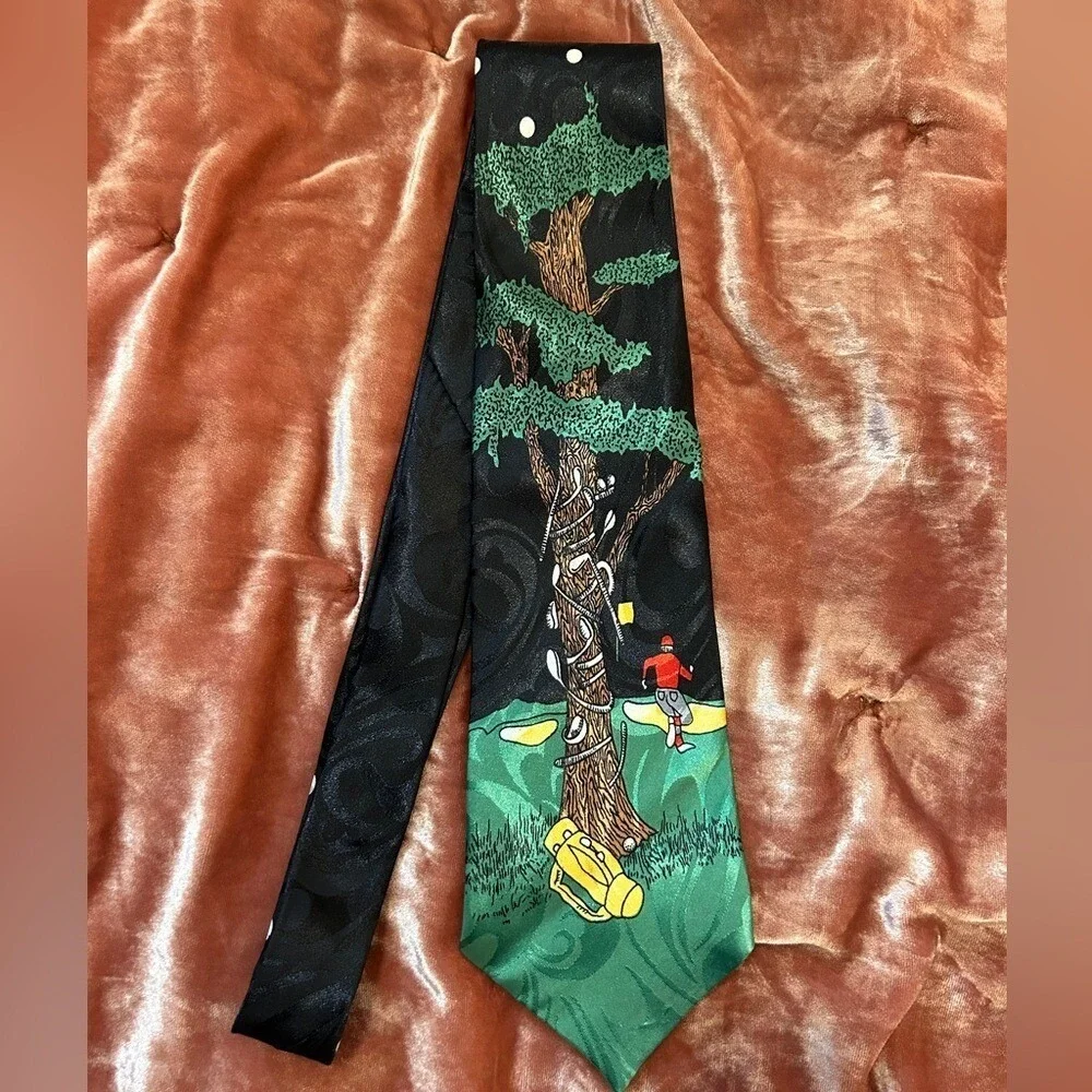 Designs by A. Rogers Mens Golf Novelty Tie Black Green Clubs in Tree‎ Paisley